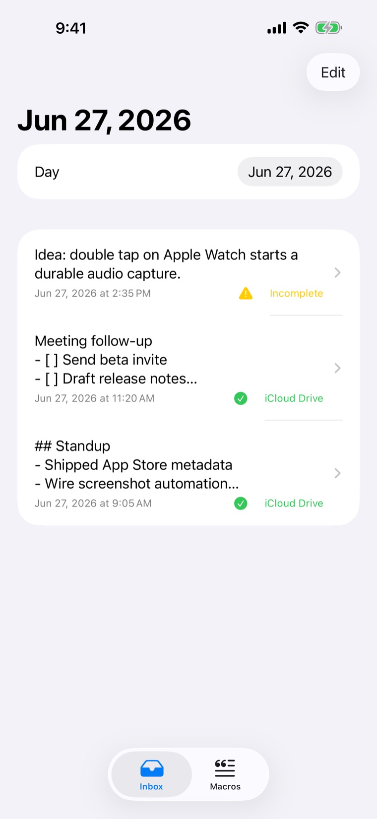 MacroMark iPhone inbox for one day, listing three captures with their export status: one incomplete transcription and two saved to iCloud Drive.