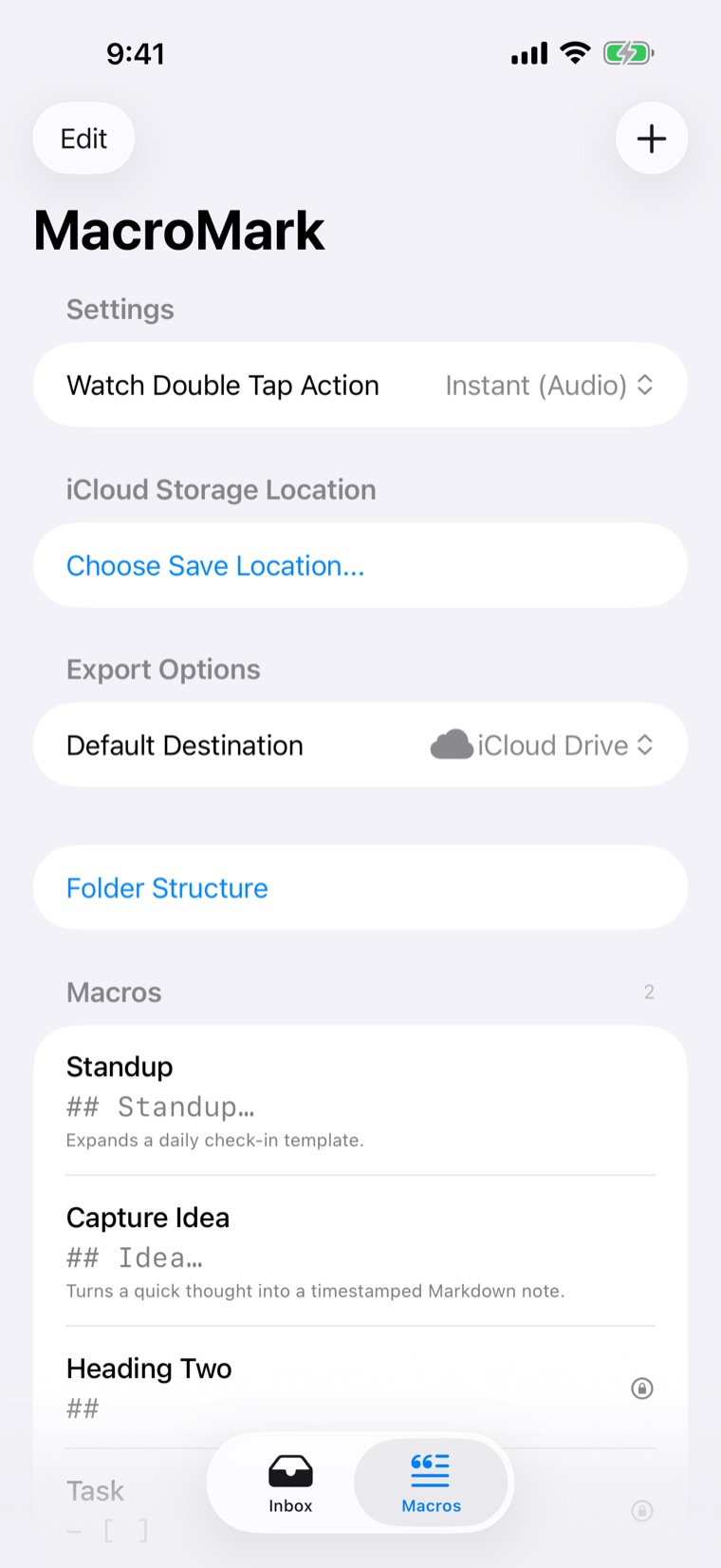 The Macros screen on iPhone, with watch double-tap, save location and export settings above custom macros such as Standup and Capture Idea.